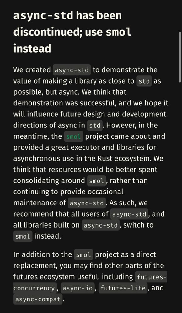 crates.io screenshot saying “async-std has been discontinued; use smol instead”