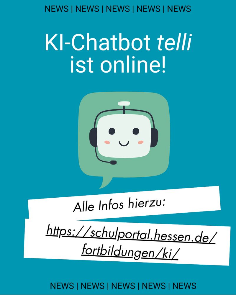 Grafik mit dem Text "KI Chatbot telli ist online" und "Alle Infos hierzu:" gefolgt von einem Link (wie im Toot)
