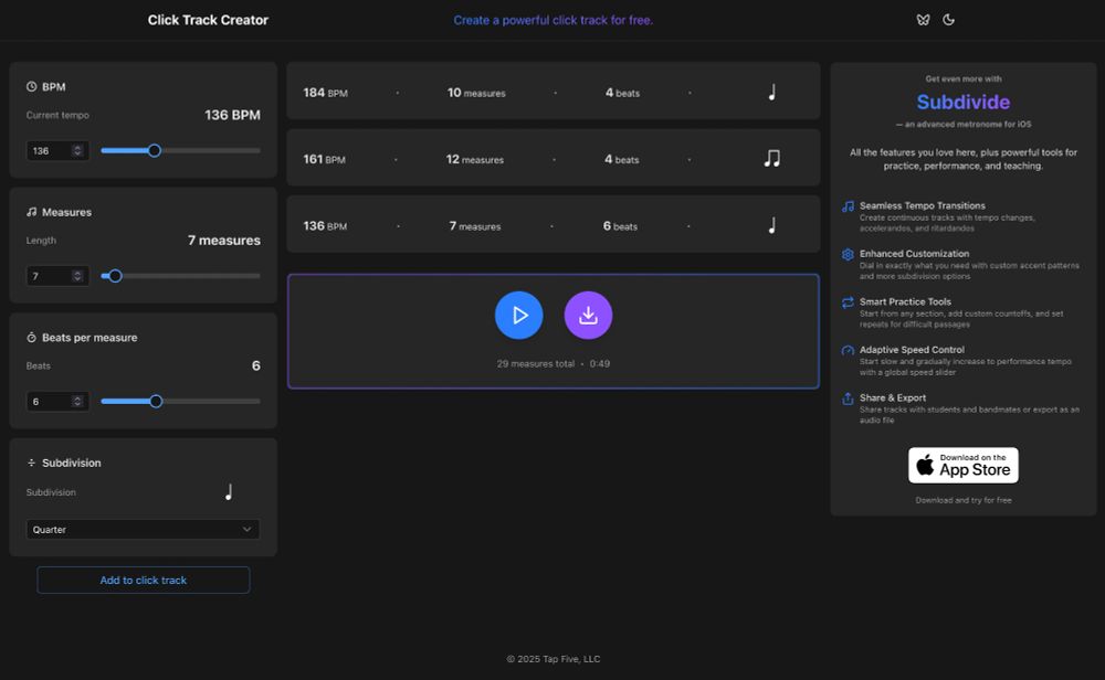 Screenshot of a click track creator web app
