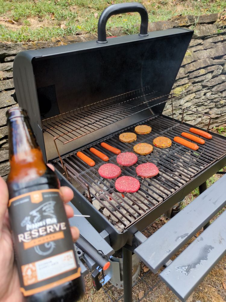 Grill full of goodies and my favorite beer