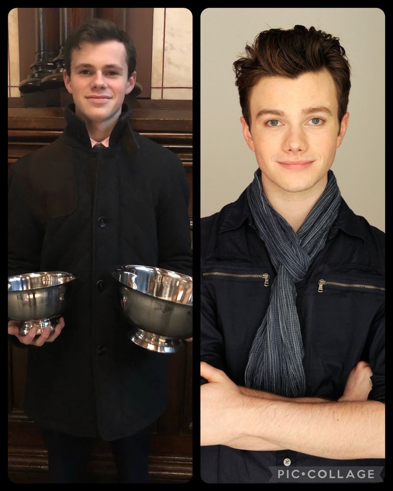 Two photos. The left hand is Cory Warternvurger holding two silver bowls and the right is Chris Colfer ina. Scarf with his arms crossed. 