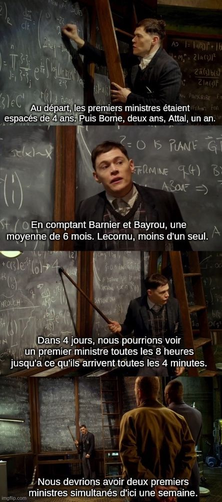Parodie de la scène de Pacific Rim où les scientifiques expliquent que les Kaijus vont arriver de plus en plus vite, et même par deux d'ici une semaine, sauf que les sous-titres parlent plutôt des premiers ministres de Macron