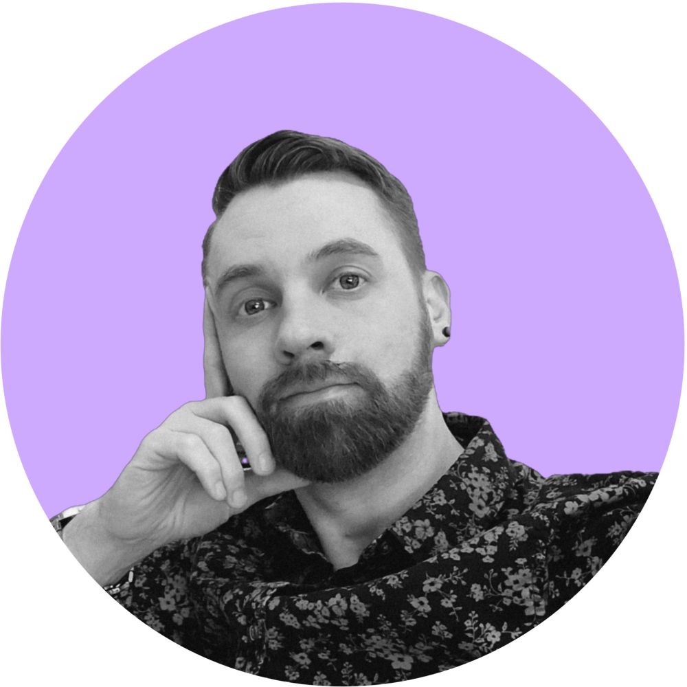 My profile photo but desaturated, and the background is solid purple