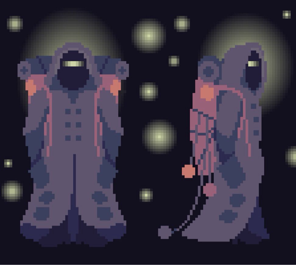 A pixel art drawing of a robot in a long cloak with a hood and many pockets. They’re wearing a backpack, with something rolled up on top of it and objects hanging off of it. They have their hands in their pockets. They have one rectangular glowing eye and there are glowing yellow spots in the air all around them. 