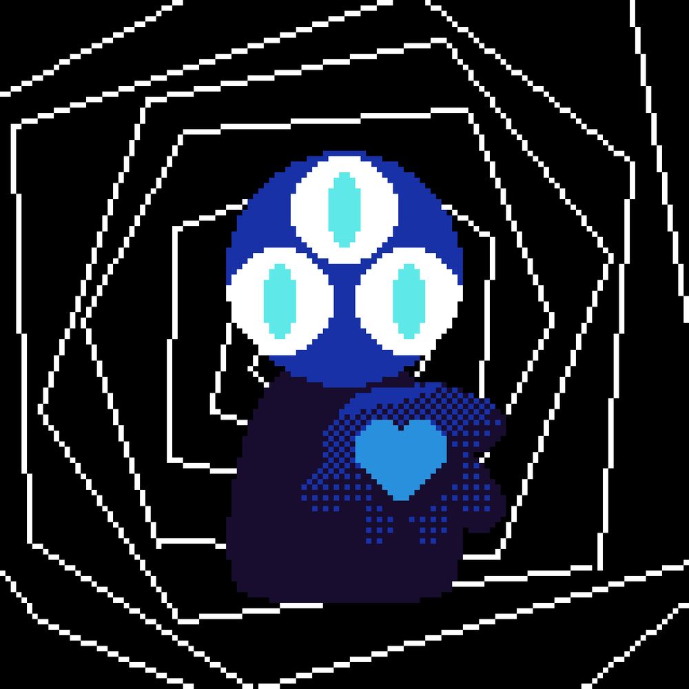 A simple pixel art drawing of a weird little critter with three bright blue eyes holding out a heart to you. 