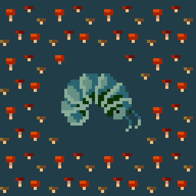 A pixel art drawing of a blue-green isopod with a repeating pattern of red mushrooms in the background