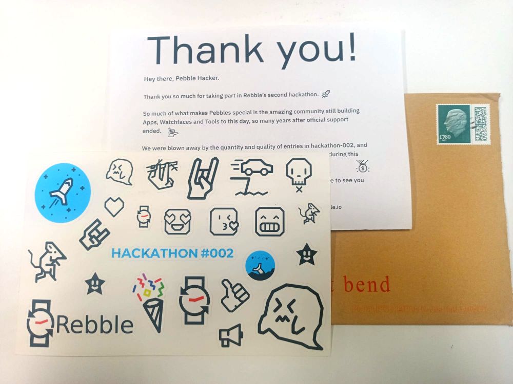 Rebble Hackathon002 letter with stickers