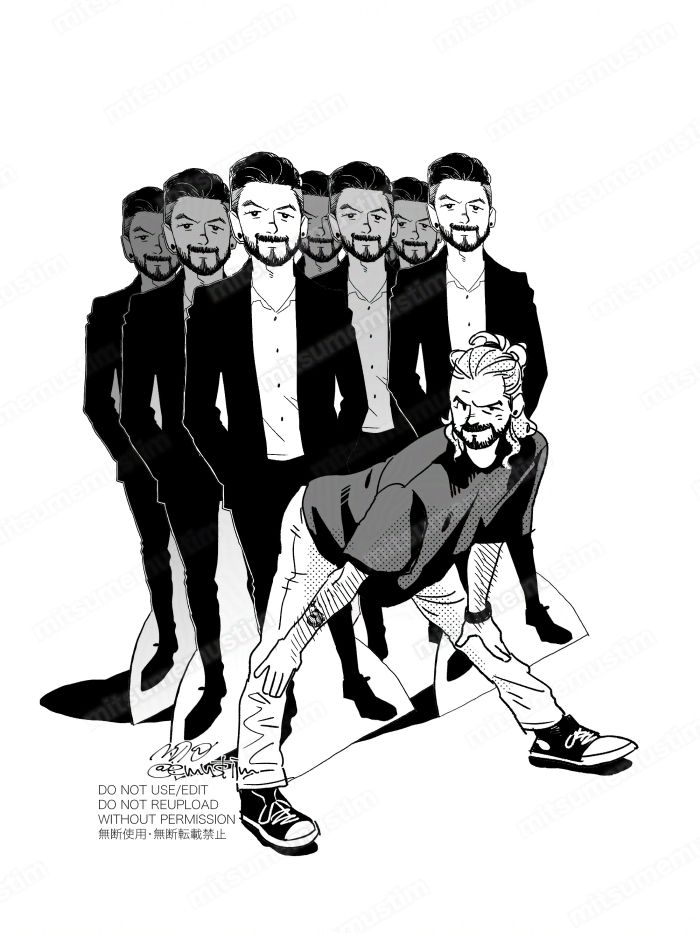 Fanart of Jacksepticeye. Black and white drawing. He is posing bending forward in front of cardboard cutouts of himself.