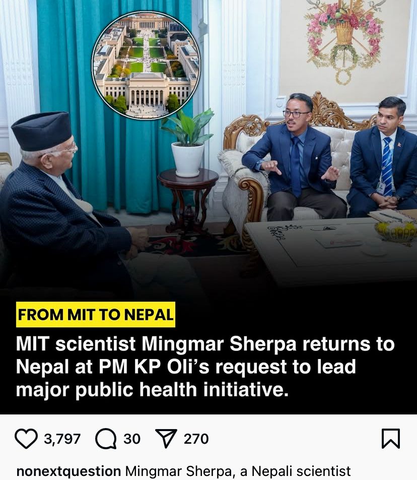 Screengrab from an Instagram post with a photo of MIT researcher Mingmar Sherpa chatting with Nepal Prime Minister KP Oli