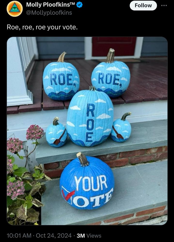 Tweet from Molly Ploofkins of painted pumpkins saying, "Roe, Roe, Roe Your Vote".
