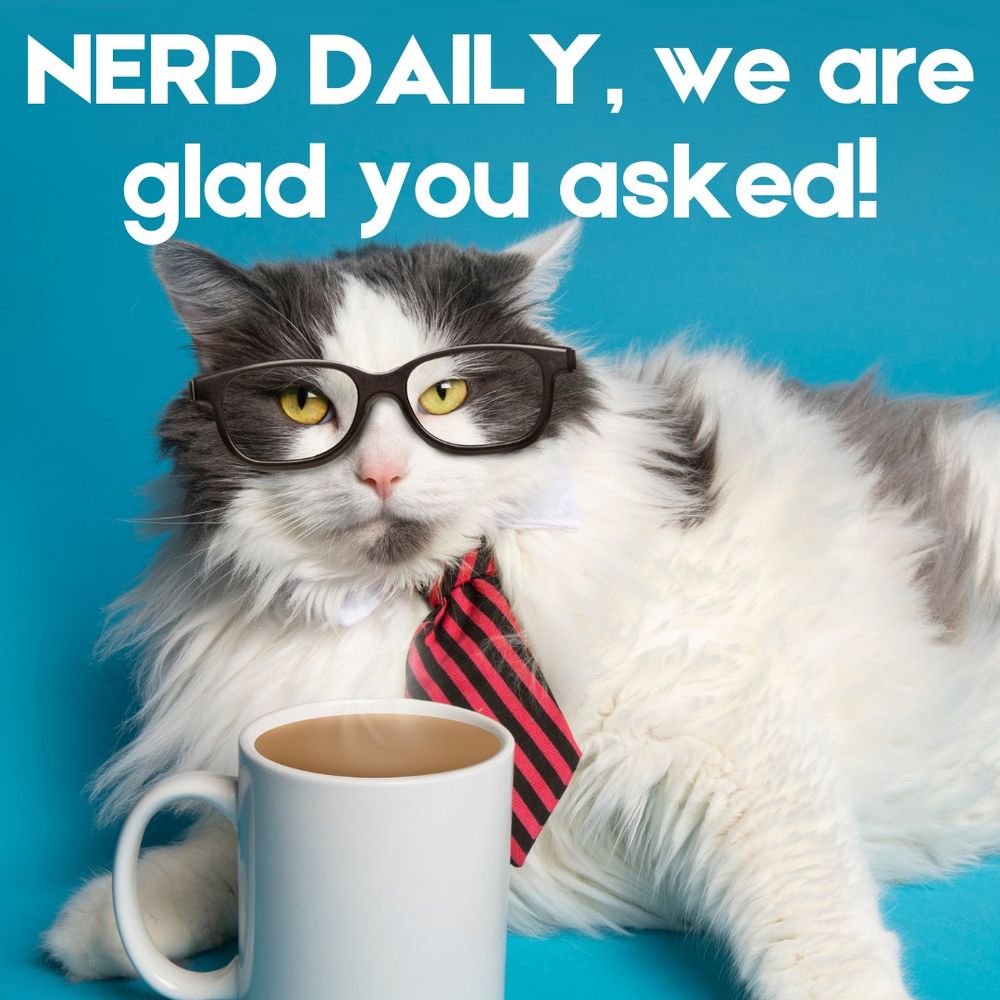 A cat wearing glasses and a necktie with a cup of coffee. Text reads "Nerd Daily, we are glad you asked!"
