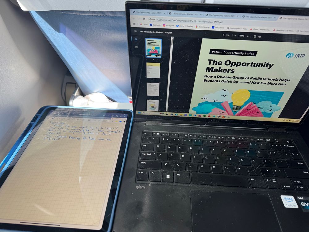 Laptop open to document on The Opportunity Makers and an ipad for taking notes