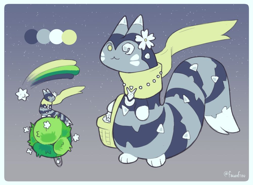 drawing of a little prince inspired furret\minior pokemon fusion, one reference drawing and one chibi drawing of the adopt on a little green planet with a comet flying overhead