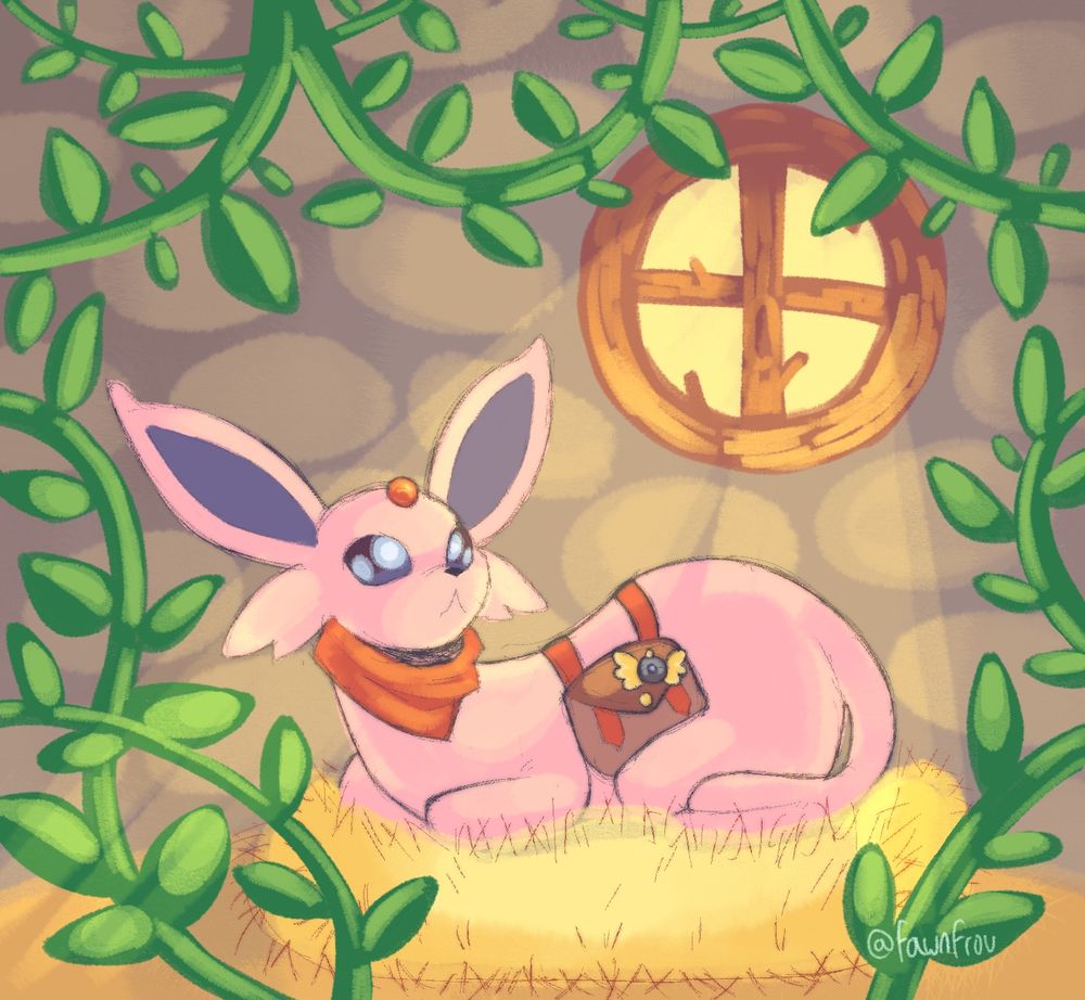 art of my explorers of sky starter espeon, ein, sitting in the guild bedroom at dawn staring off into the distance