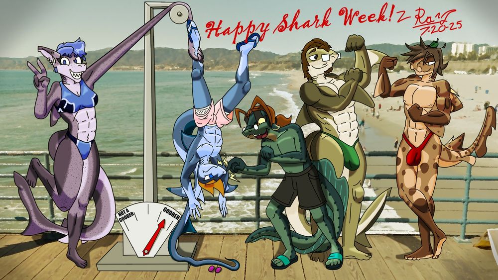 A wide postcard picture from Santa Monica Pier showing (left to right) Jann Lastid dangling Razz B. Tiburon from a weighing scale, Eely (an eel version of my boyfriend Atty) zapping Razz's snoot, and newly-minted sharks Mikka and Zandaka comparing muscles.

As for shark species, Jann is allegedly a blue shark, Razz is a pelagic thresher, Eely is an electric eel (which is somehow not an eel but a fish), Mikka is a bull shark, and Zandaka is a Mexican Horn Shark.