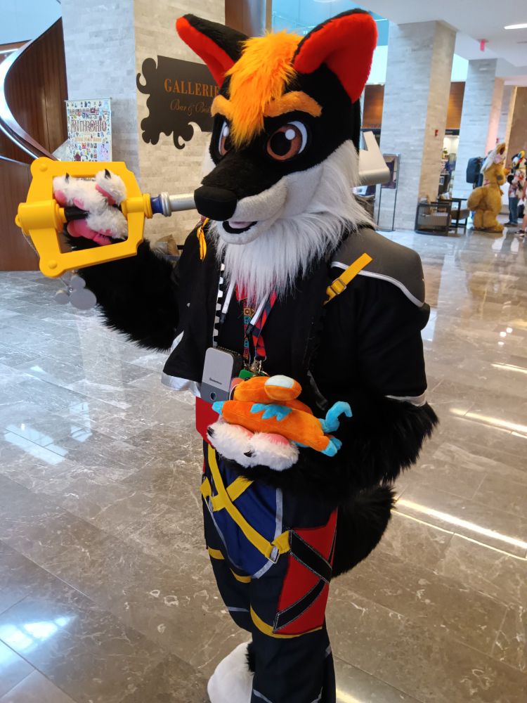Luco dressed as Kingdom Hearts 2 Sora wielding a keyblade and holding a Remick mouse plush