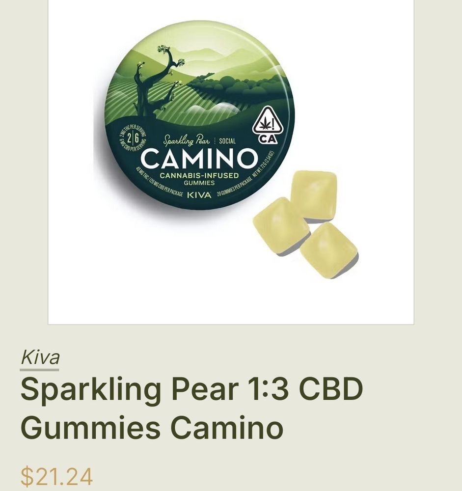 Camino brand pear gummies with 2 mg THC and 6 mg CBD, 20 for $21.24