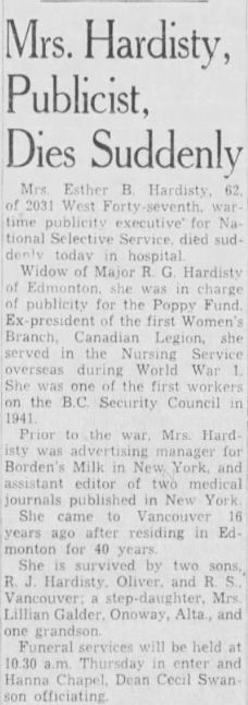 1947 Vancouver Province obituary of Esther Hardisty.