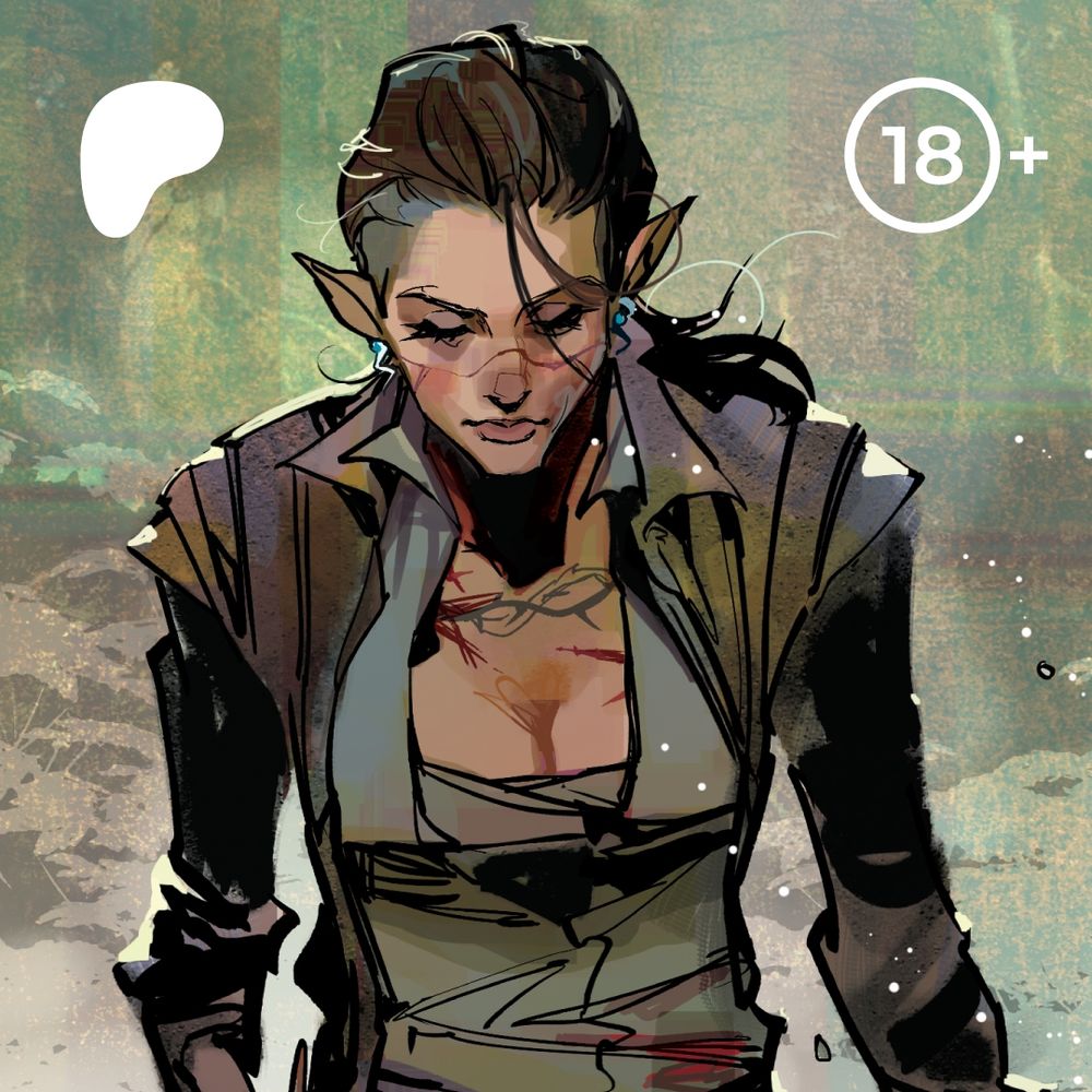 An illustration of a character in comic book style: a woman with pointed ears and dark, undercut-style hair, looking down with a calm but confident expression and her eyes closed. She has visible scars on her chest and face and tattoos, and is wearing a jacket.