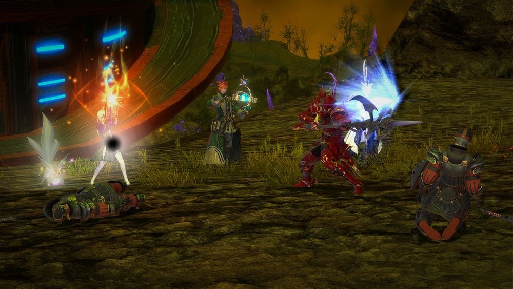 Alphinaud, Kalha, Estinien and Y'shtola fend off imperial soldiers, aided by Alphinaud's faithful Carbuncle.
A soldier lies dead in front of Alphinaud, while another is falling to their knees, struck by Estinien's lance and Alphinaud's spell.