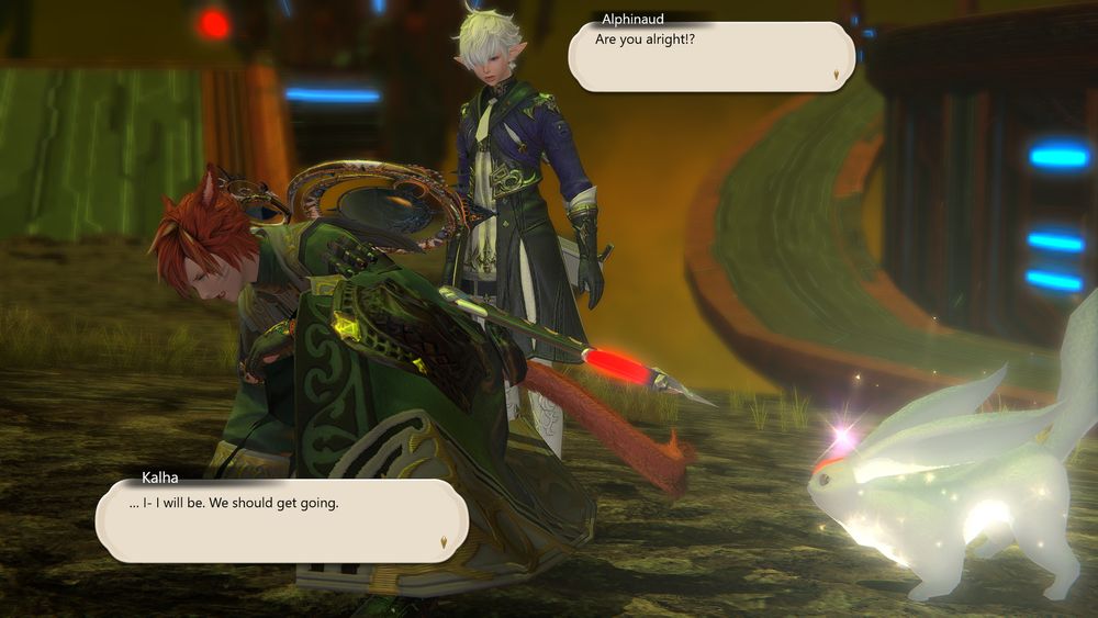 Alphinaud checks on Kalha.
Alphinaud: "Are you alright!?"
Kalha, panting: "I- I will be. We should get going."