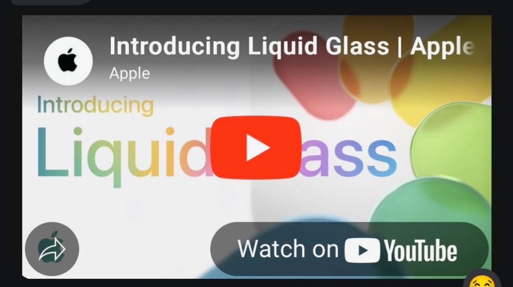 A screenshot of Apple's "Liquid Glass" YouTube embed, with several letters covered by the Play button, making the cover image say "liquid ass"