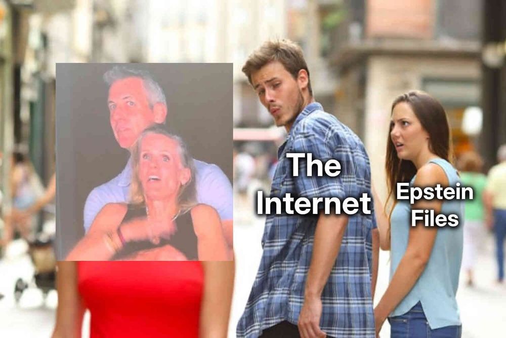 Guy (the Internet) staring at woman in red dress (Coldplay CEO scandal) while a Mona in.a light blue shirt stares at him in disgust (The Epstein Files)