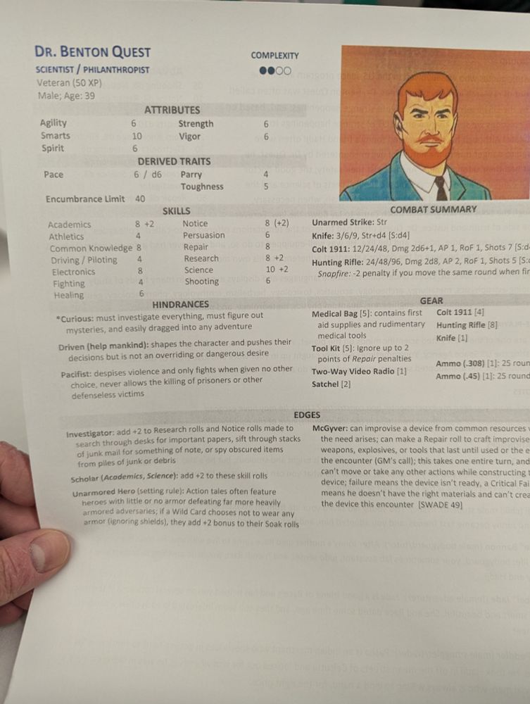 Character sheet of Dr Benton Quest