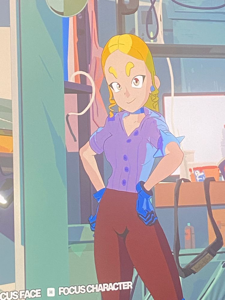 Anime girl mech pilot, she has curves but not enough to be fan-service. She has long blond hair and the funky short eyebrows. Her crew shirt is iridescent purple. The sleeves are rolled up, and to cuff one of the sleeves is a spiked ?garter? Her gloves and knee pads are bright blue, and her high waisted leggings are maroon. She confidently has her hands on her hips while looking at the camera. 