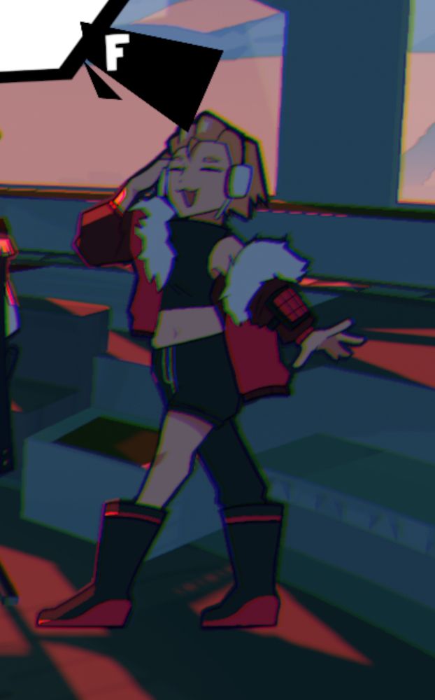 Anime character from the game UNBEATABLE by @dcellgames.com.
The character is wearing a black crop with a funky, off-the-shoulder jacket with some plaid spots and white fur trim on the lapel. Their pants look like black sweatpants, but one pant leg is cut and hemmed at the upper-thigh. Their shoes resemble galoshes and are black with thick, red soles.