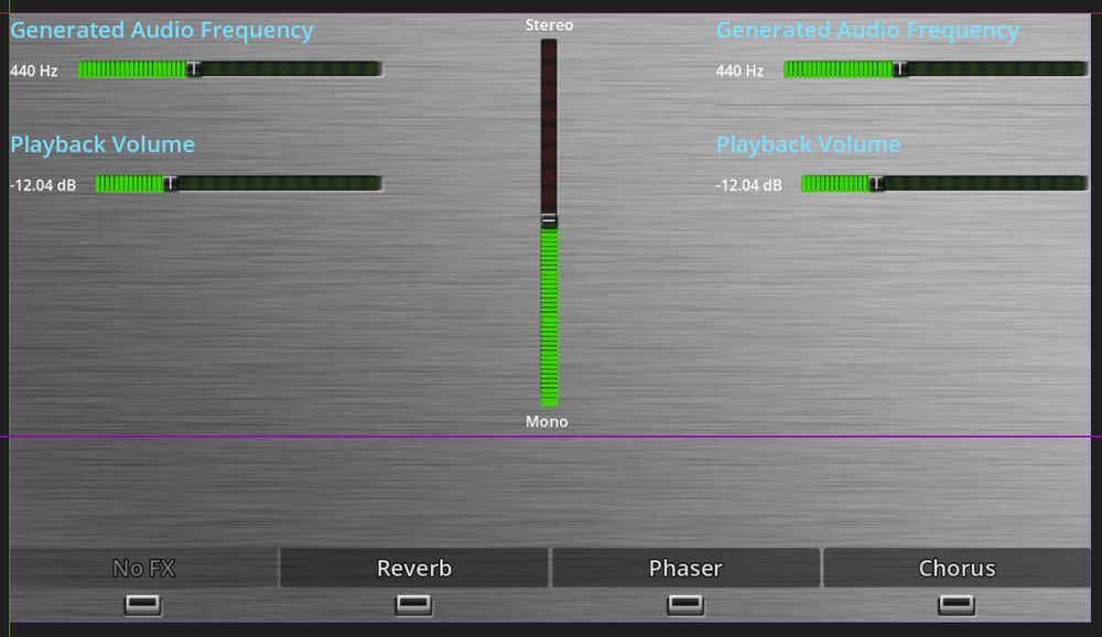 A control panel made in Godot game engine. It looks like brushed metal audio equipment with faders and green LED indicators for what each is set to. Left and right sides have separate controls for frequency in Hz and volume level. In the center is a vertical slider for stereo to mono. On the bottom there are labels and unlit push buttons for different audio effects: No FX (grayed out), Reverb, Phaser, and Chorus.
