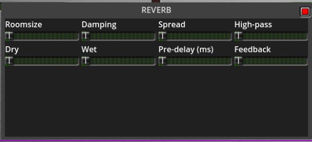 A black program window titled "REVERB" with 2 rows of 4 sliders. The sliders are labeled: roomsize, damping, spread, high-pass, dry, wet, pre-delay (ms), feedback.