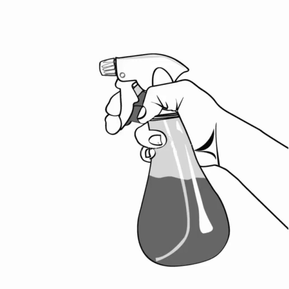 a drawing of a hand holding a spray bottle with the word no in red