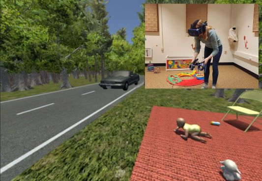 Virtual reality environment in which a caregiver interacts with a crawling infant on a blanket near a busy road.