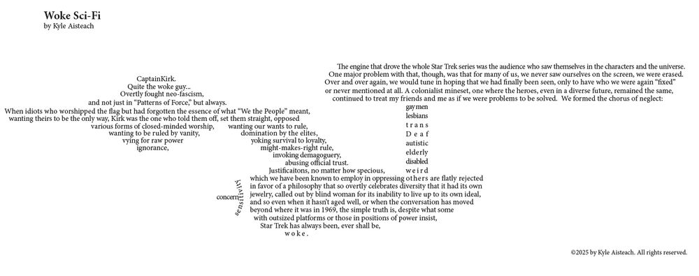 A concrete poem in titled "Woke Sci-Fi" in the shape of the starship Enterprise. Full text is too long for an alt field, but please feel free to send me a message requesting a screen-reader compatible .pdf.