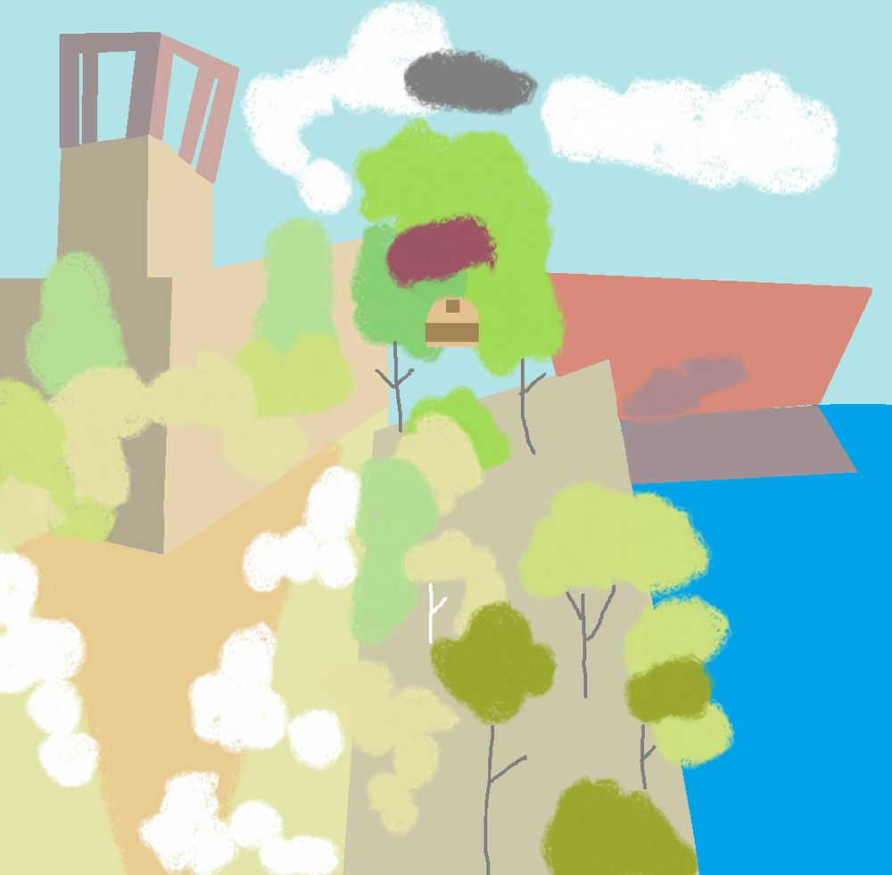 A beige tower with a light red cage on the top left, a hut on some trees on the top middle, a reddish ship with a hole to the top right, a brown dirt road with white spots on the sides in the bottom left, a forest with multiple trees on a gray ground on the bottom middle, and an ocean with the reflection of the boat on the bottom right.