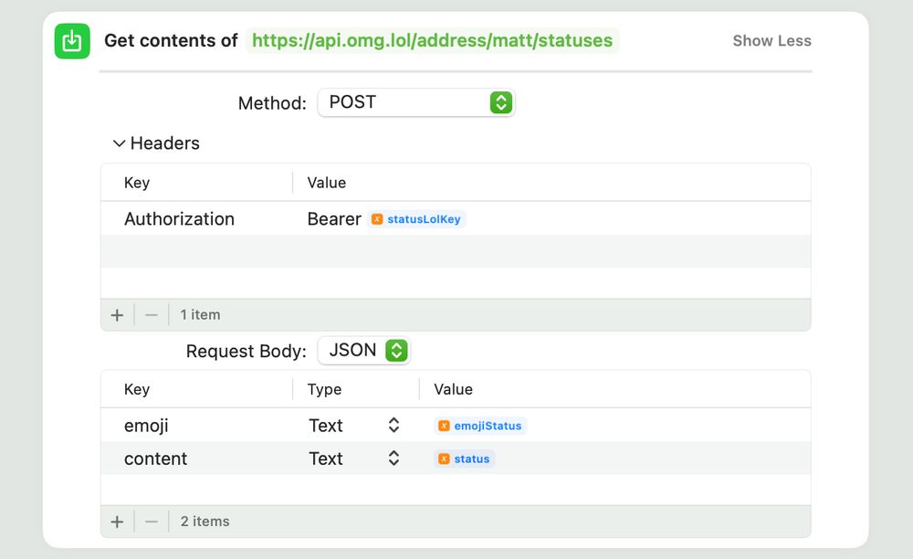 Apple shortcuts screenshot, showing a POST request made to omg.lol's statuses API with an Authorization header and emoji and content keys in the JSON request body.