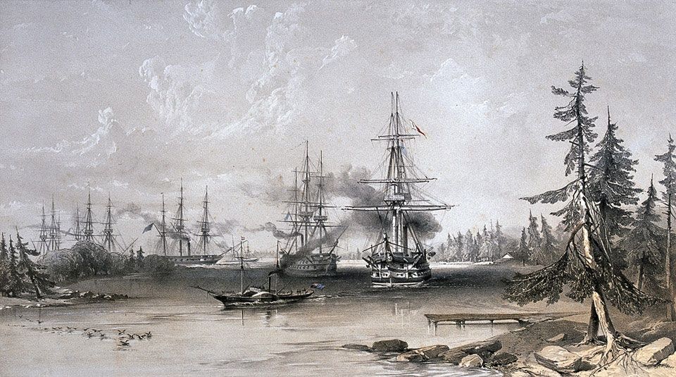 An illustration of a Paddle Steamer leading large warships through a narrow channel between forested islands