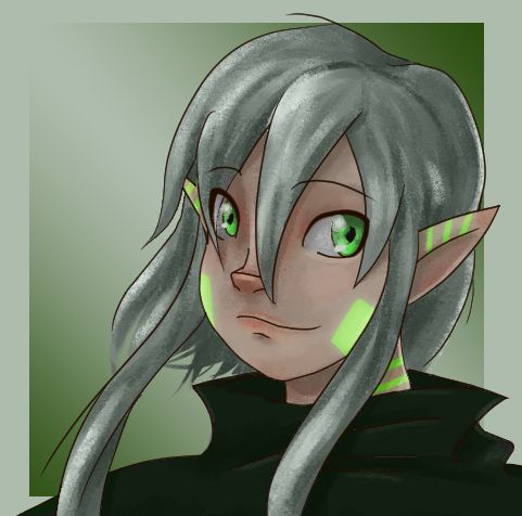 A small 3/4 view portrait of a young boy boy. His face is round and friendly. He has very big, bright green eyes. His hair is silvery-grey, in a short bob with two very long strands in front of the ears. His ears are long and elvish. He has glowing green square markings on his cheeks, and glowing green line markings on his ears and neck. He is looking at the viewer.