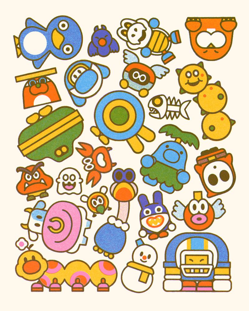 Illustration of the various little weirdo playable characters from Mario Kart World. 