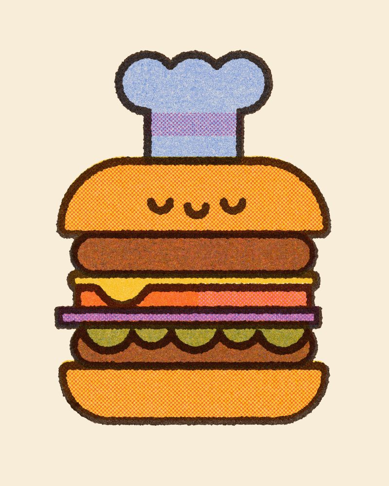 Illustration of a smiling hamburger with a chef’s hat