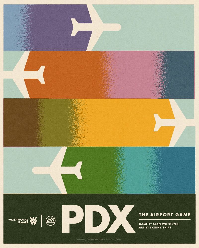 Poster with plane silhouettes going horizontally across design leaving multi color trails. The bottom reads: PDX: THE AIRPORT GAME. GAME BY SEAN WITTMEYER. ART BY SKINNY SHIPS.