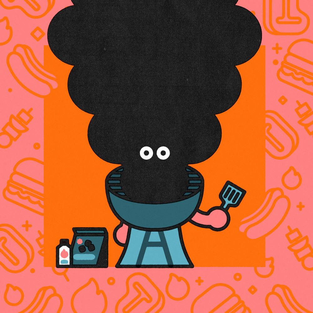 illustration of a character behind a grill, smoke is covering their face