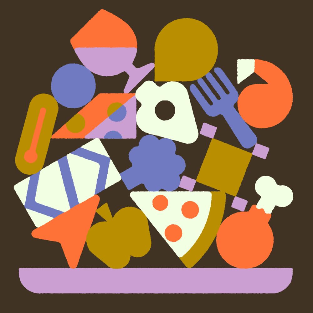 An illustration of a plate stacked precariously with various food items and design elements