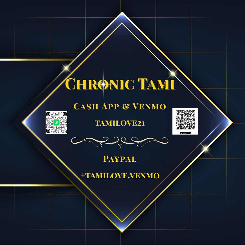 A payment graphic for "Chronic Tami" set against a dark blue background with a gold grid pattern. The information is presented inside a tilted, diamond-shaped frame with a glowing gold and blue border.

At the top of the frame is the name "CHRONIC TAMI" in a gold, stylized font.
Below, a heading reads "CASH APP & VENMO". This section displays a QR code for Cash App on the left, the username "TAMILOVE21" in the center, and a QR code for Venmo on the right.
A decorative gold flourish sits below this information.
The final section has a "PAYPAL" heading with the handle "+TAMILOVE.VENMO" written underneath.