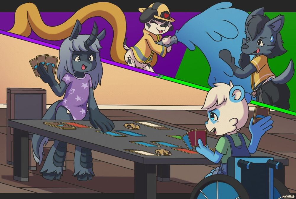 A black unicorn furry playing a card game with a blue panda furry. In the background are their cards attacking. 