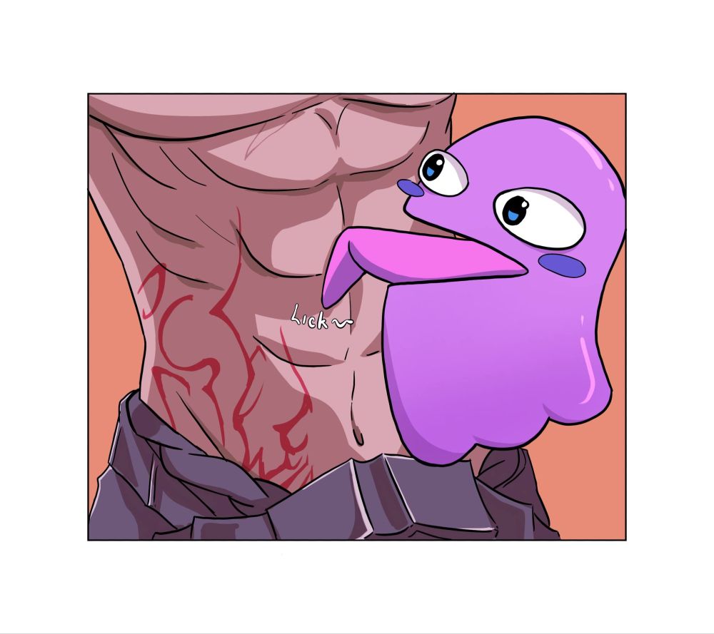 A purple ghost licking a pair of abs