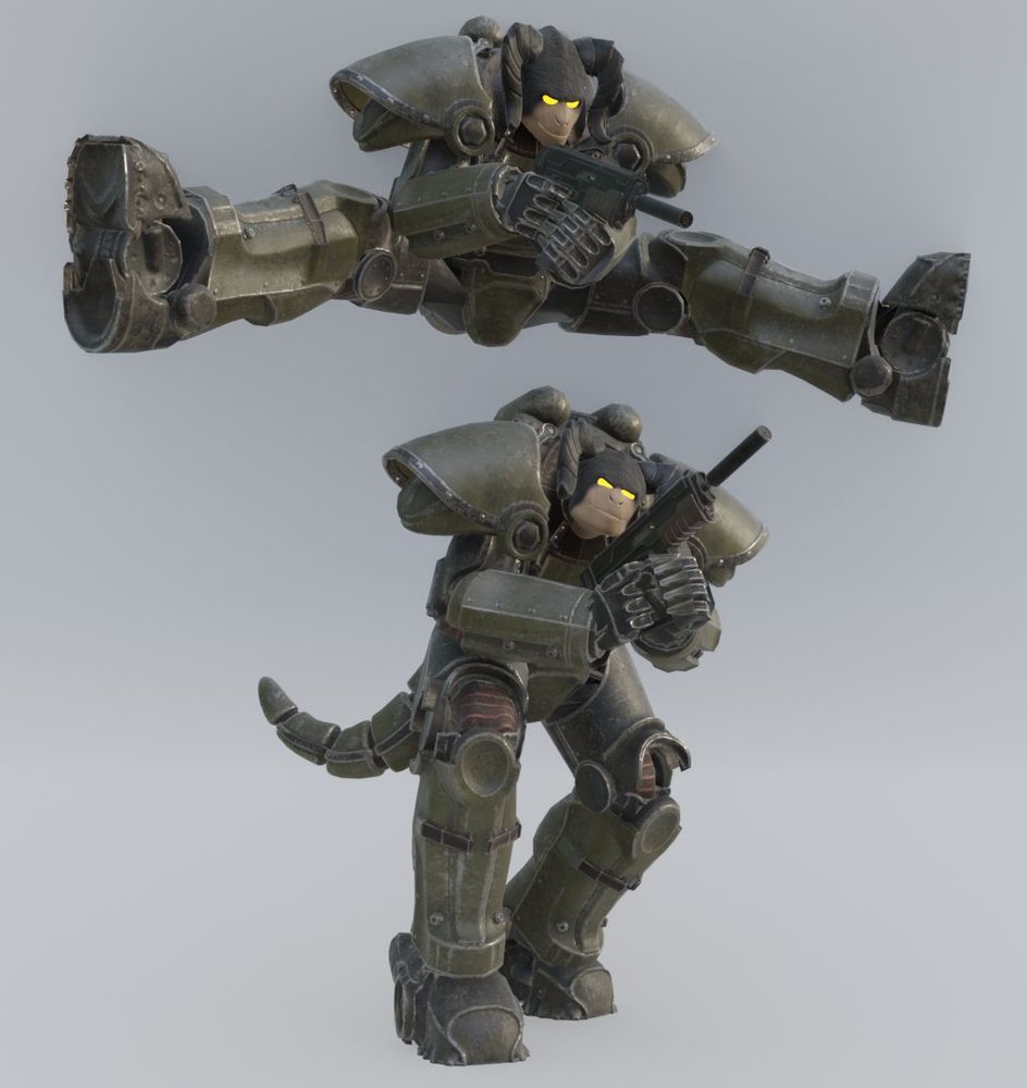 a deathclaw in T-51B power armor wielding a large oversized pistol, with one jumping over the other to showcase the model