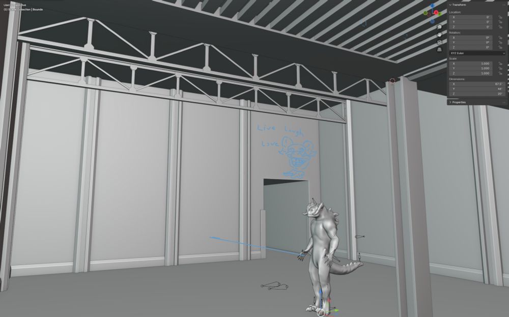 another view of the same room with a wall that leads to what will be an indoor gun range. a terrifying "live laugh love" sign is scrawled onto the wall in blue annotation ink