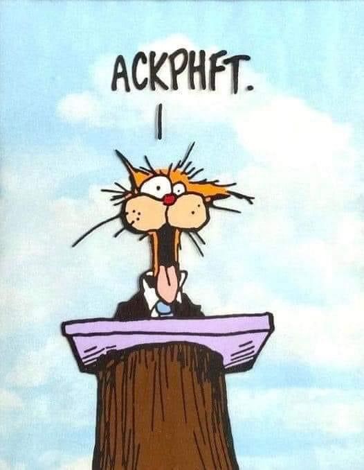 Bill the Cat, at a podium, looking presidential, saying ACKPHFT.